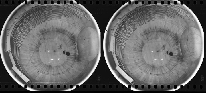 Gary Nickard 2009 Gelatin silver print of 70mm negative made in the Tevatron Hydrogen Bubble Chamber in the 1970's (Courtesy of Fermilab National Accelerator Laboratory).